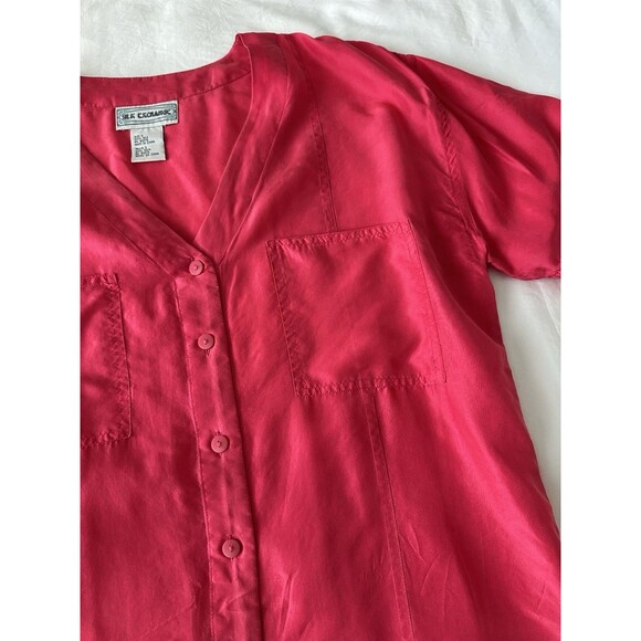 Silk Exchange Blouse Size S Hot Pink Short Sleeve Button-down Pockets 100% Silk - Picture 3 of 8